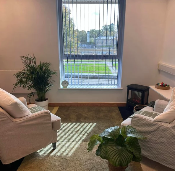 Paula’s cosy and private counselling room at Triskele Counselling, designed for comfort and confidentiality.